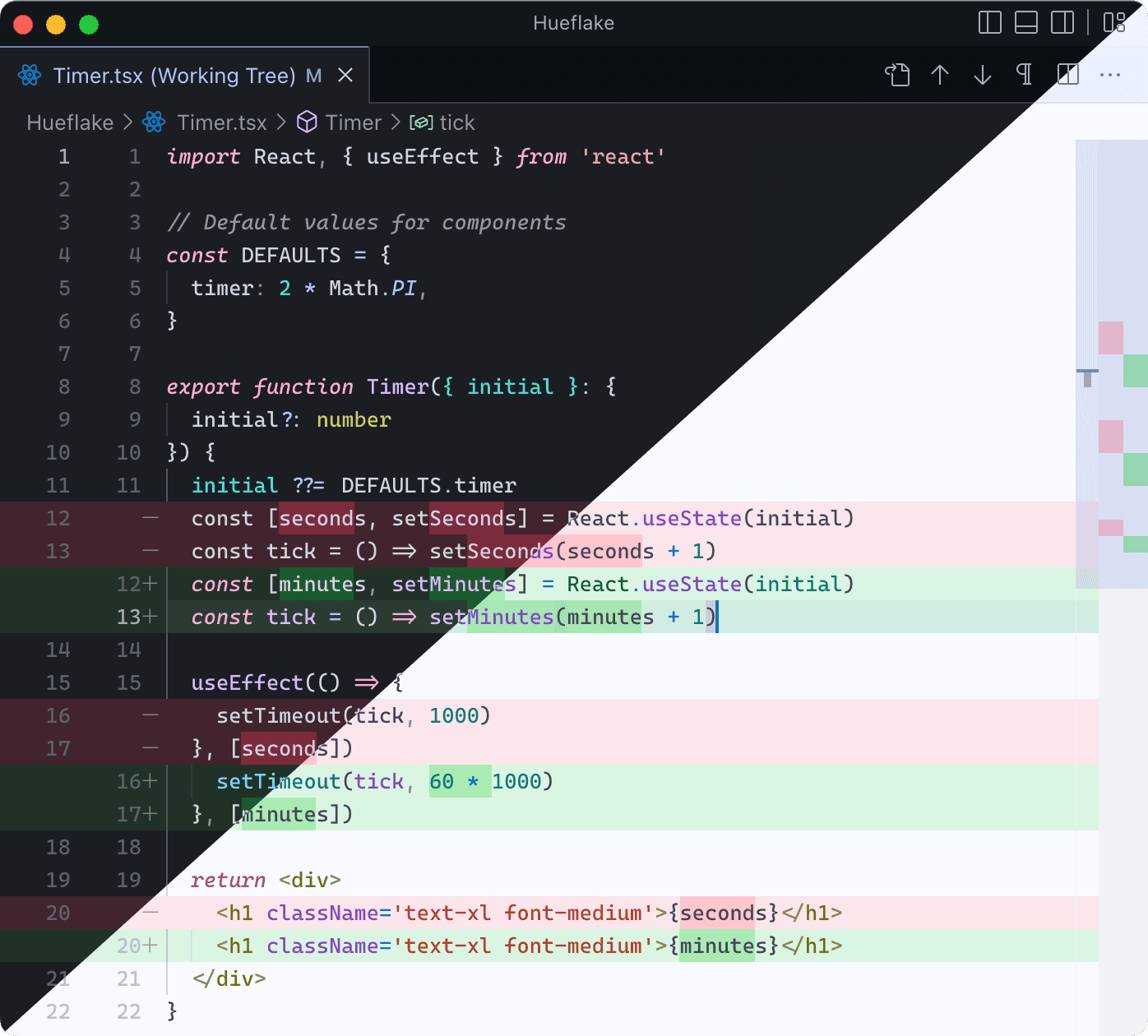 Visual Studio Code diff editor, split between default Hueflake light/dark themes